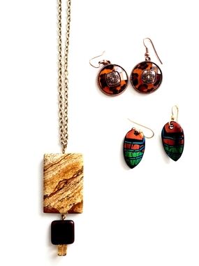 Handmade Brown & Green Stone Pendant Necklace with Colorful Drop Earrings